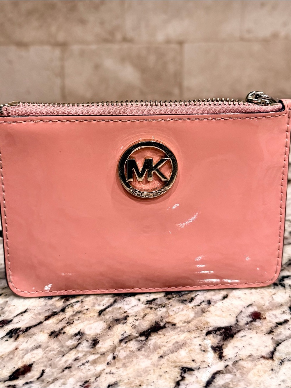 Michael Kors Blush Pink Patent Leather Wristlet with Logo Medallion